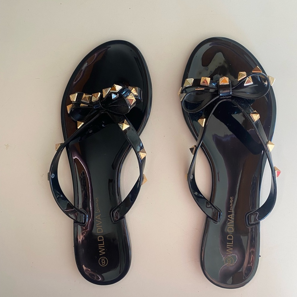 Wild Diva Black Bow Sandals with Gold Studs